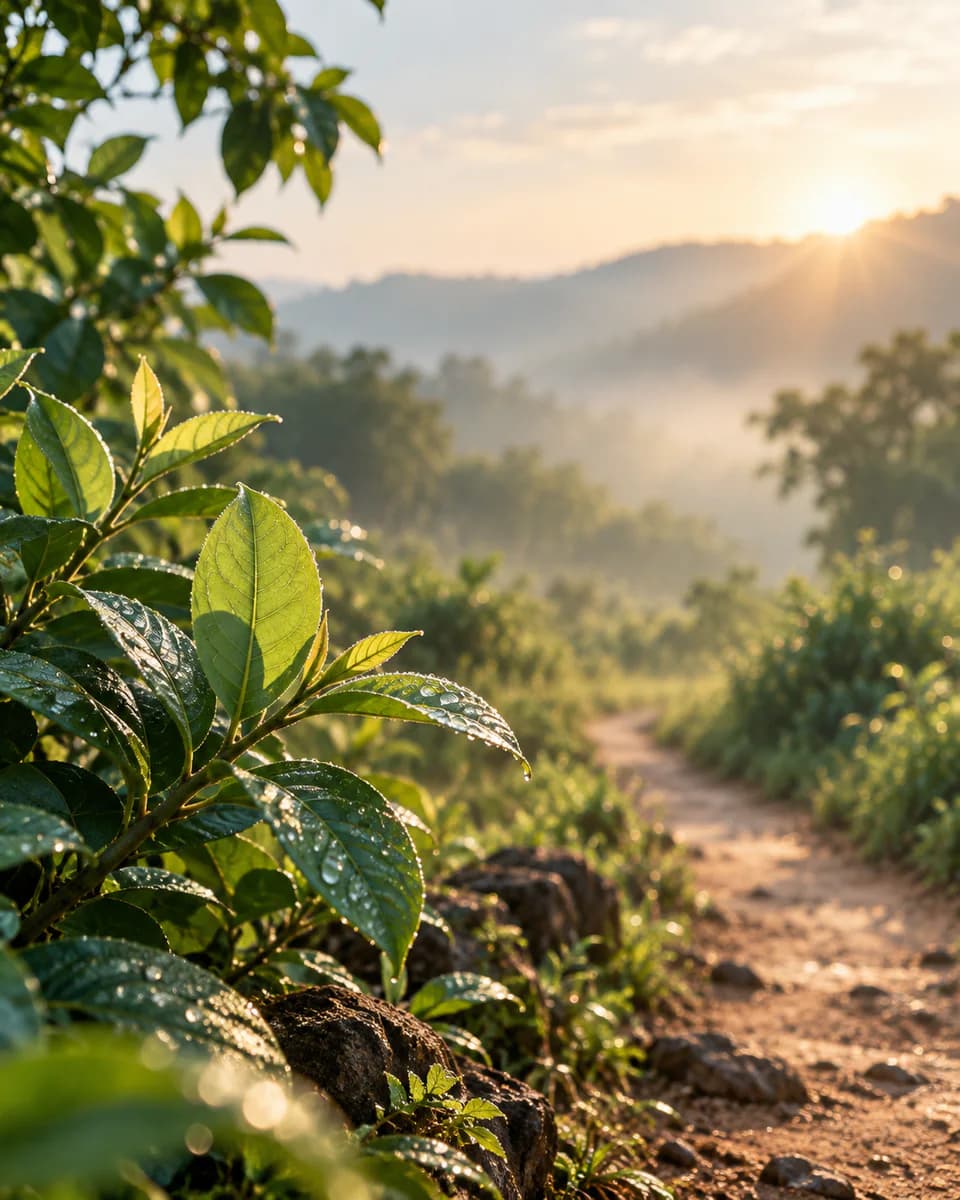 Illustrative sunlight falling across fresh green leaves