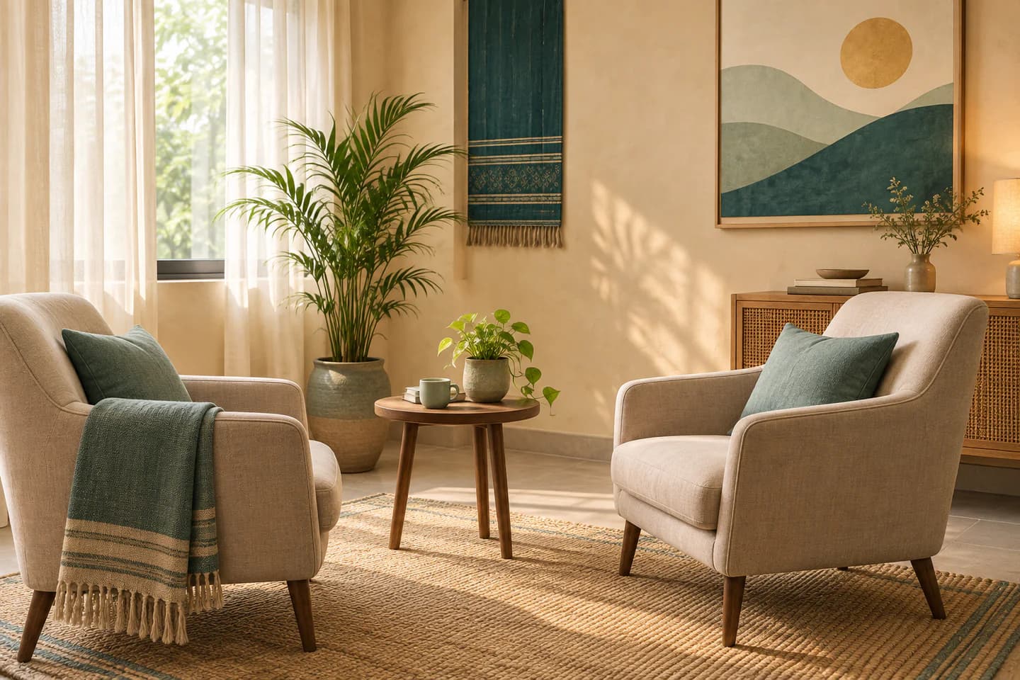 Illustrative calm counselling room with natural light
