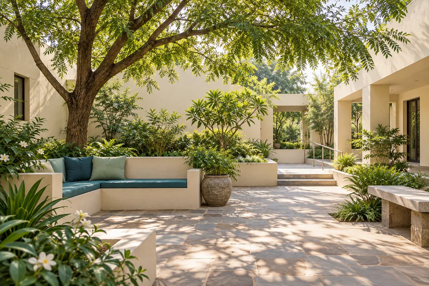 Illustrative garden courtyard with shaded seating