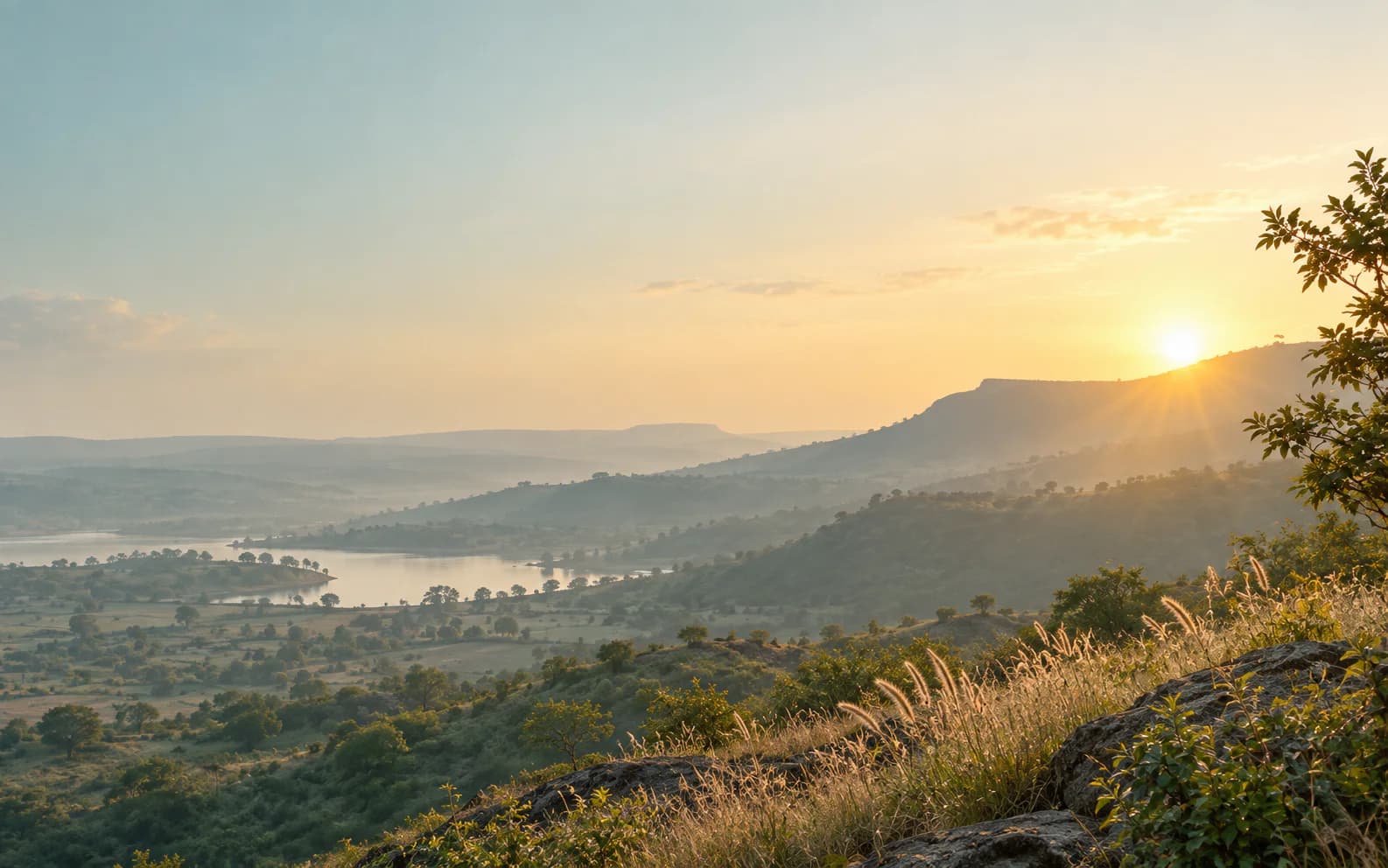 Illustrative dawn landscape inspired by the countryside around Gujarat