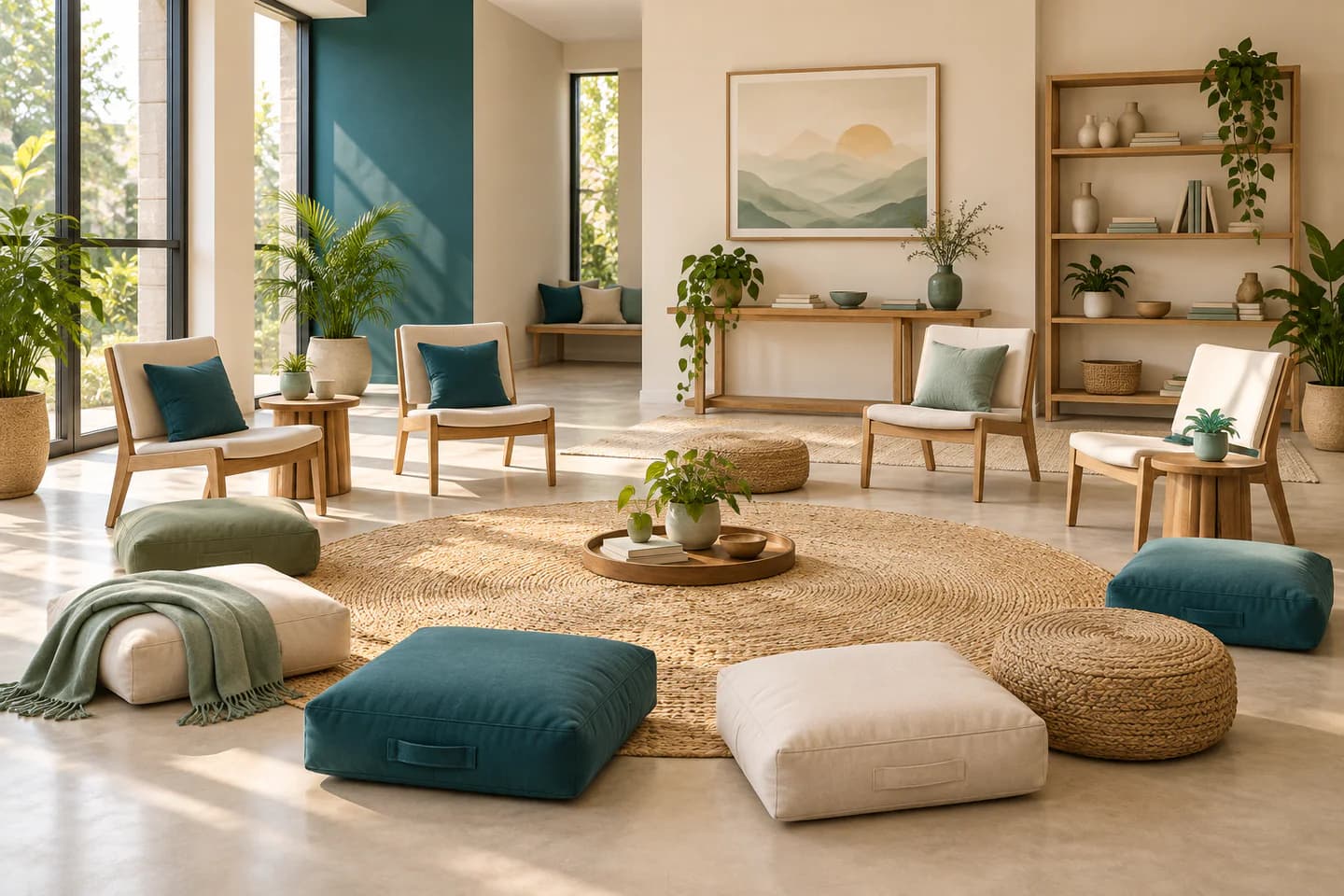 Illustrative shared wellness room arranged for a small group